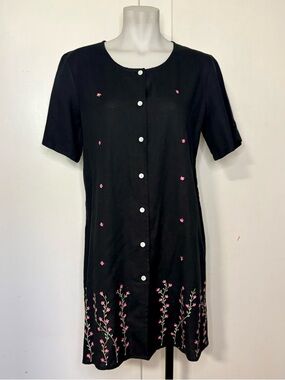 Vintage 90s Black Cotton Linen Button Up Floral Embroidered Short Sleeve Dress